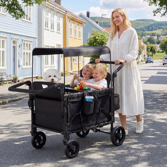 Kinderwagen 4‑zits All‑Terrain - Opvouwbaar - 360° wielen - Vijfpuntsgordel - Verstelbare duw‑ en trekhendel - Verwijderbare kap - Snackblad - XXL opbergruimte — afbeelding 4