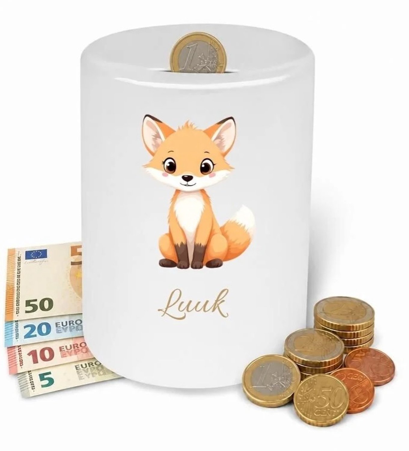 Spaarpot vos zittend - gepersonaliseerd - met eigen naam - babykamer - kinderkamer - kraam cadeau - verjaardagscadeau
