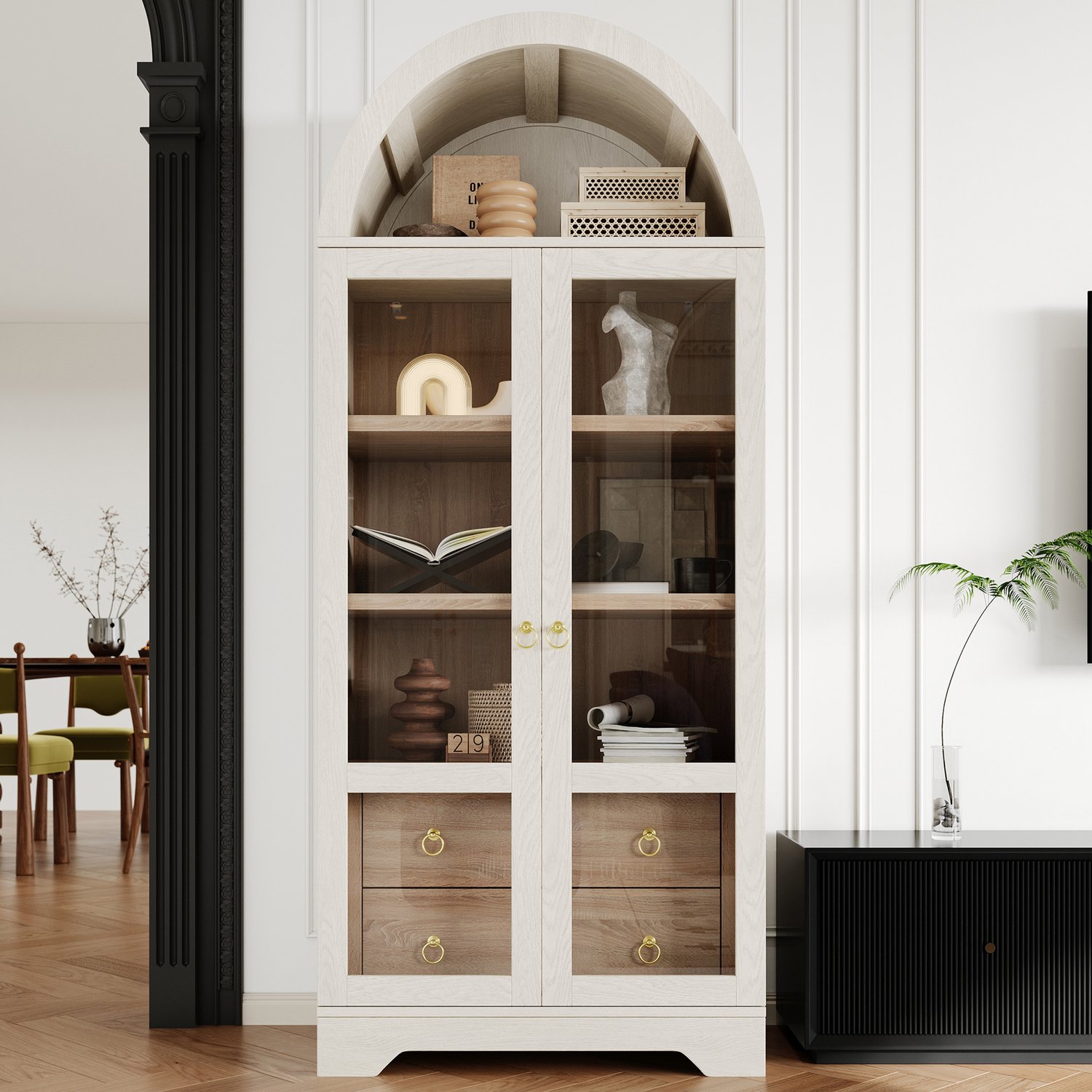 HAUSS SPOLE Buffetkast - Verstelbare Planken En Lades - Transparante Glazen Deuren Voor Keuken En Woonkamer - Wit MDF - 76,2x40,1x180 Cm