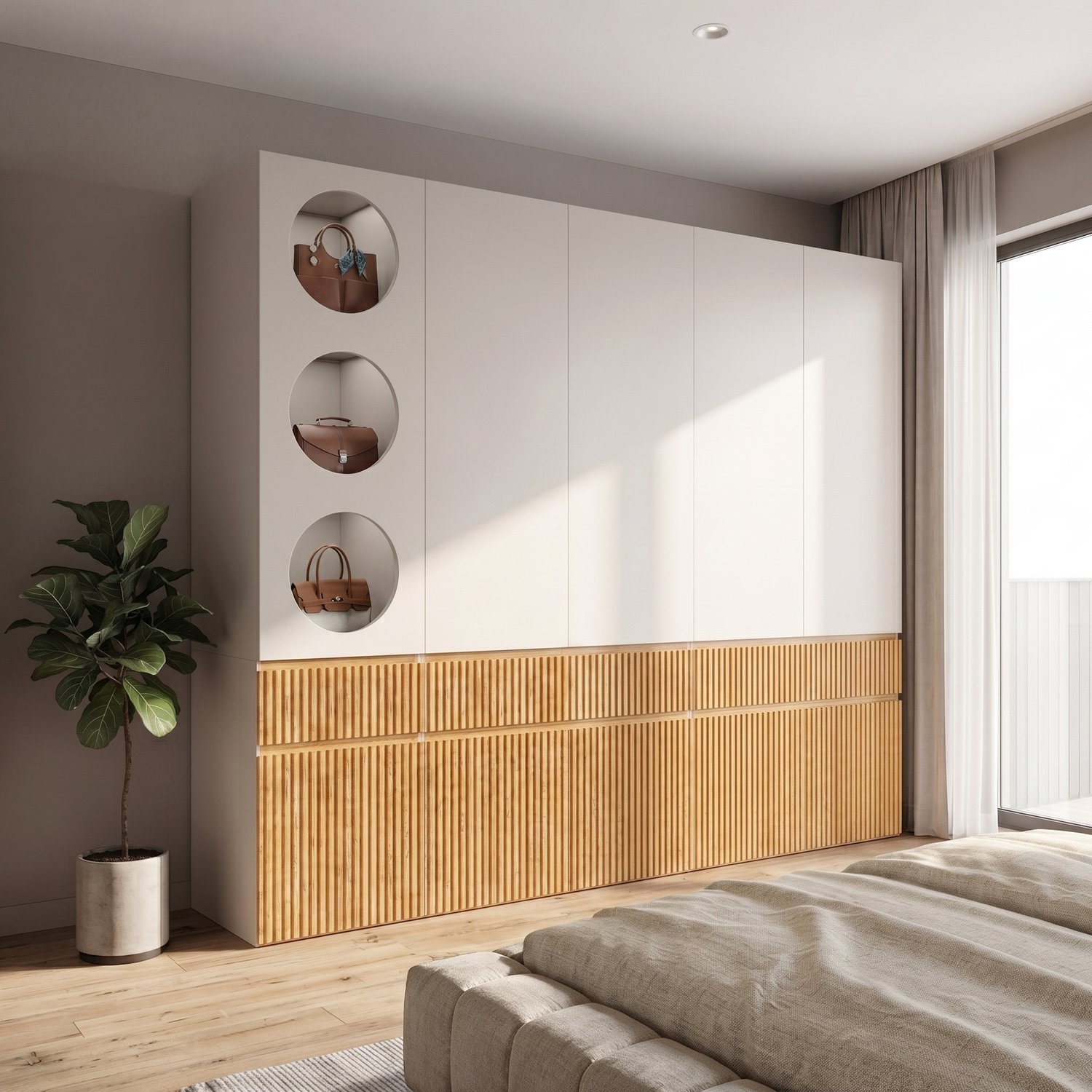 DESMIU Kledingkast - 10 Draaideuren, 2 Kledingroedes En 3 Laden - Voor Slaapkamer En Hal - MDF En Spaanplaat - 225x50x200 Cm - Licht Eiken Grijs