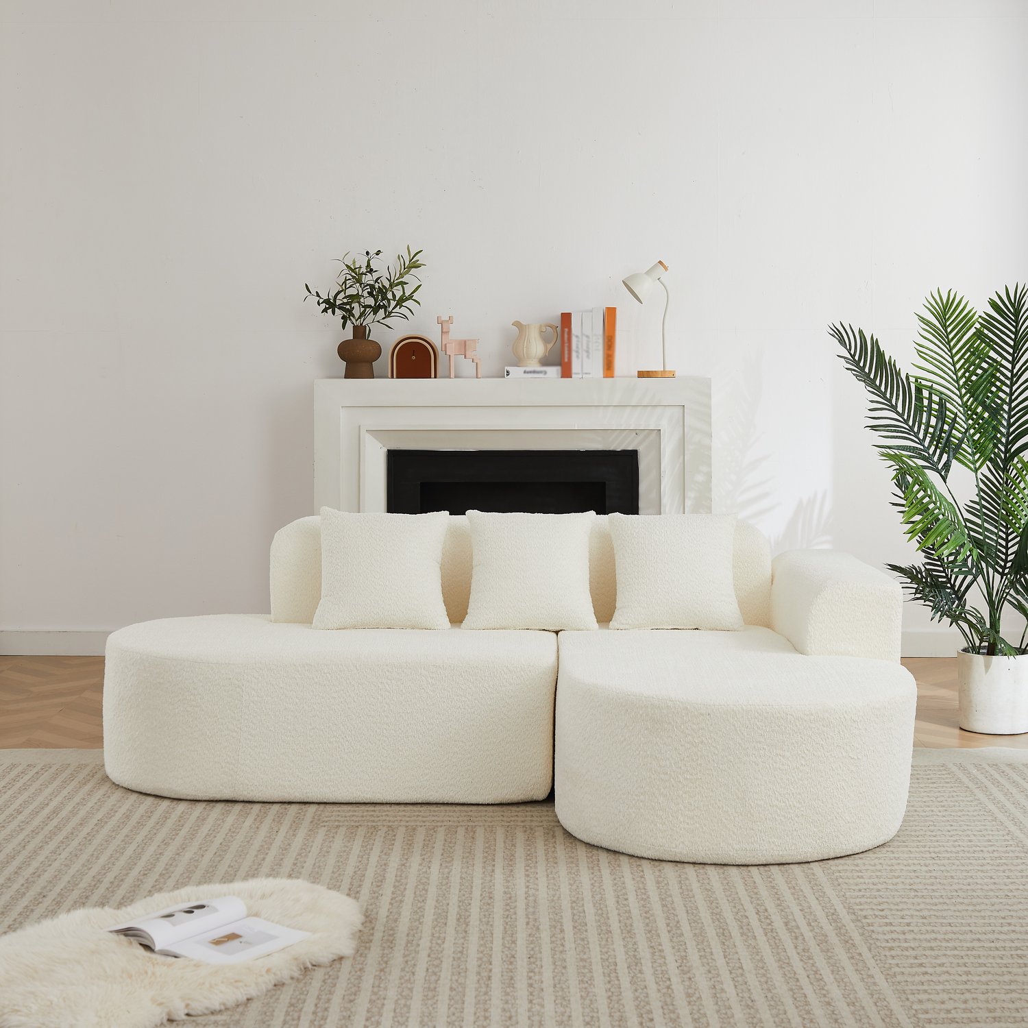 OKWISH Hoekbank 3 Zitplaatsen - L Vorm Met Ronde Lijnen, Chaise Rechts En 3 Rugkussens - Voor De Woonkamer - Chenille - Beige