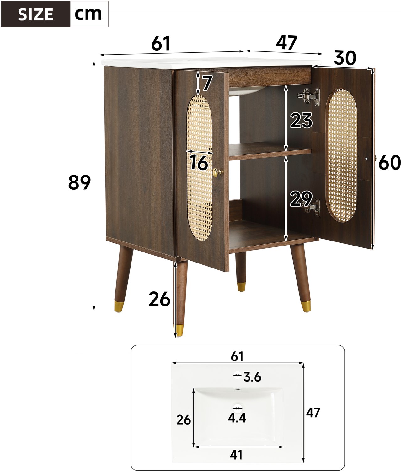 HAUSS SPOLE Badkameronderkast Met Keramische Wastafel - Rotan Dubbele Deuren En Vaste Planken - Vrijstaand - MDF - 61x47x89 Cm - Walnootkleur Walnut