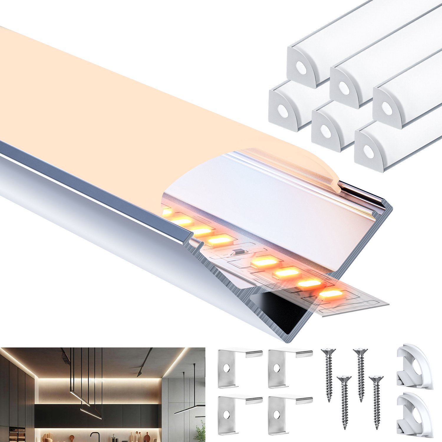 Riserva-LED Profiel-Natuurlijk Aluminium Profiel voor LED Strip-Met Acryl Diffuser-Bevestigingsaccessoires inbegrepen-2m 6 Stuks