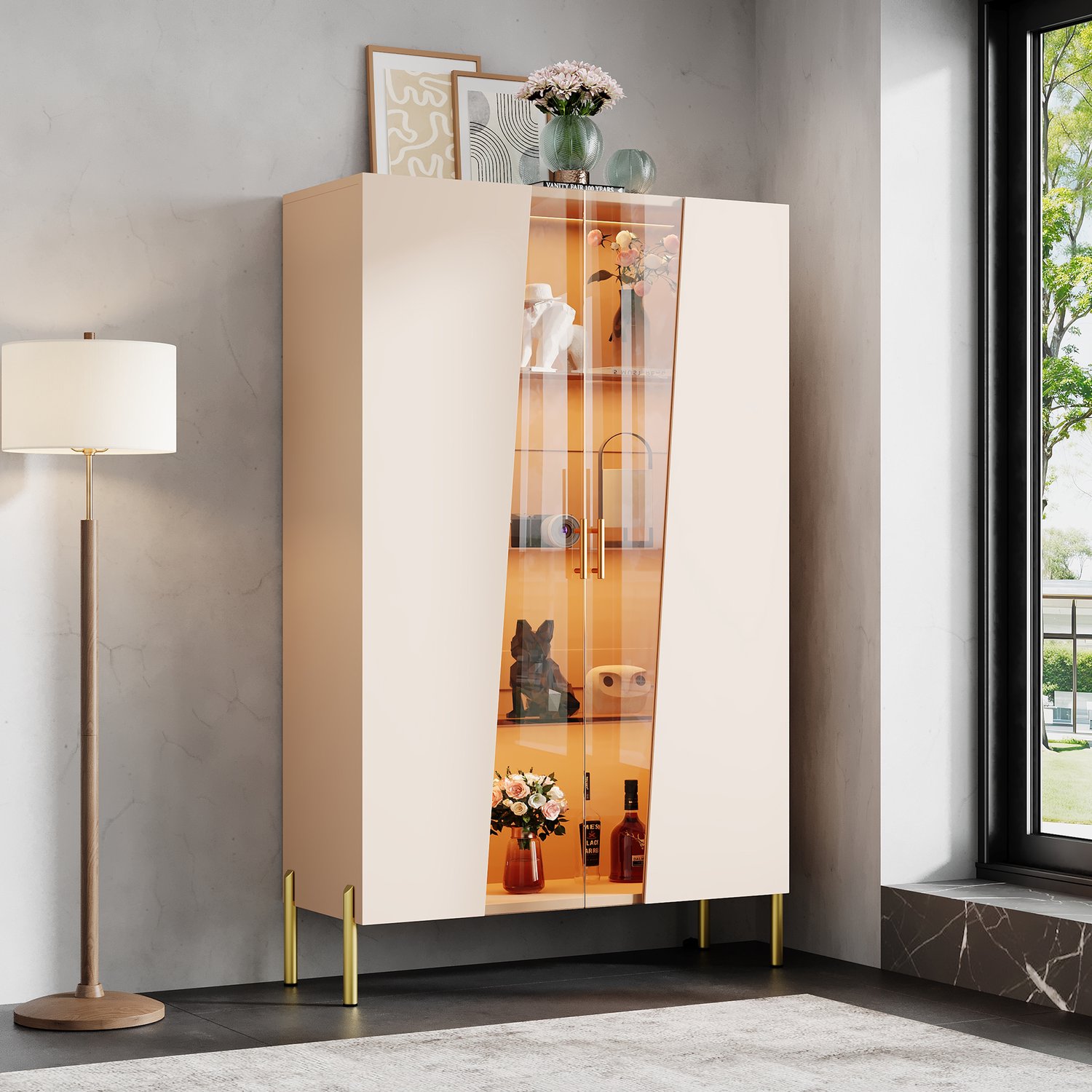 Clruro Vitrinekast - 72×40×145 cm - LED - Asymmetrische Deur - MDF/Glas - Beige/Bruin