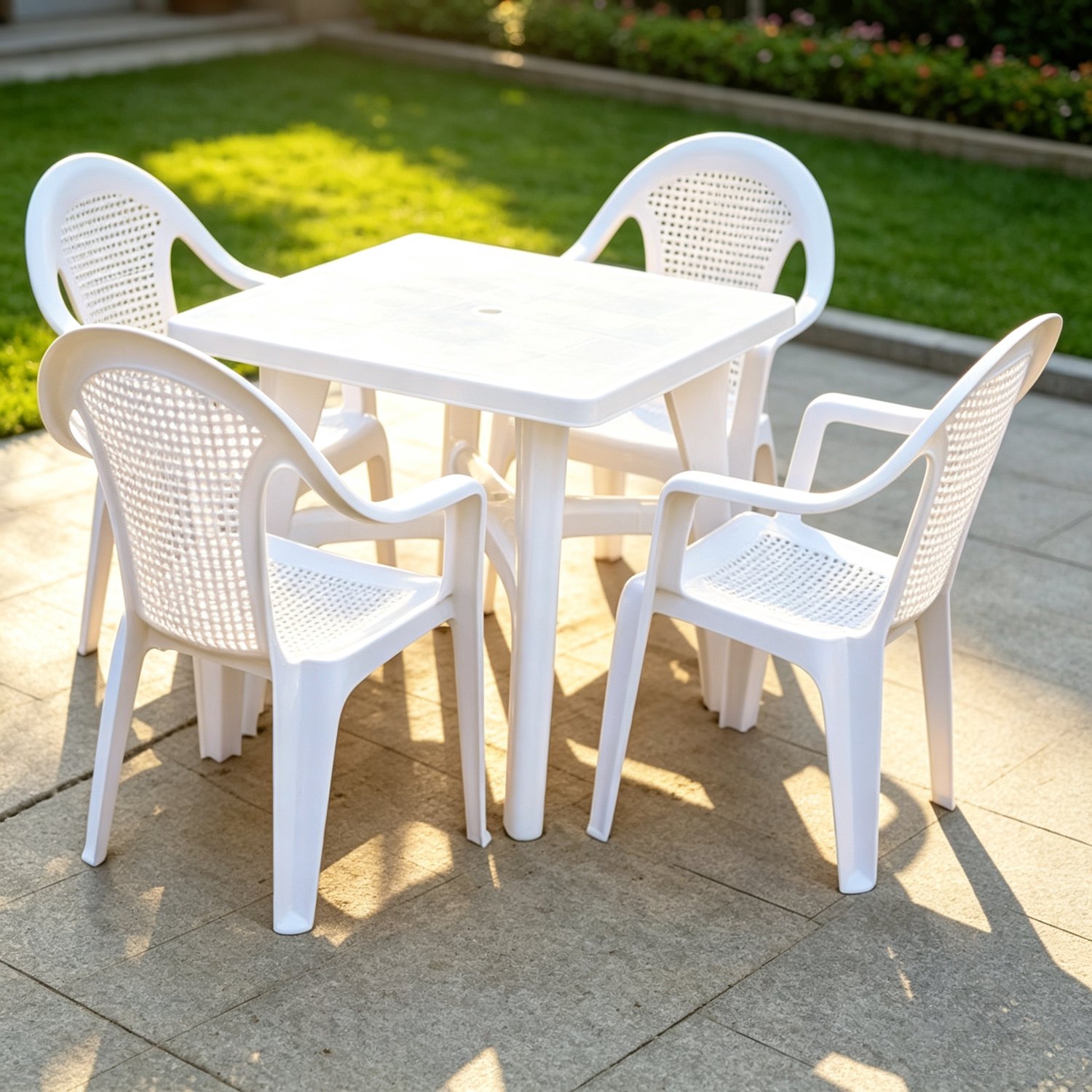 witte plastic tuinset 5-delig vierkante buitentafel met parasolgat en 4 armstoelen voor tuin terras en strand