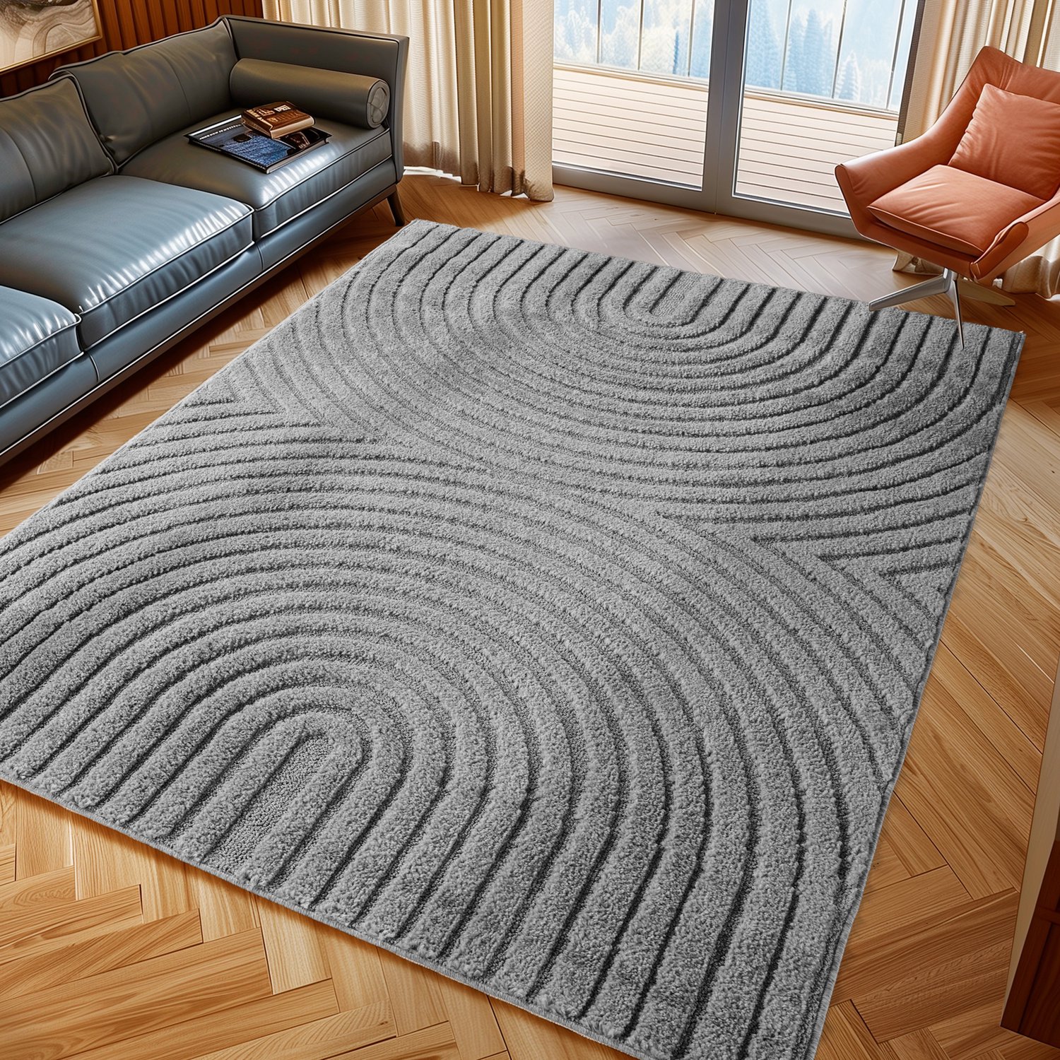 Moonay Kiyaro Arco Vloerkleed Grijs 140 x 200 cm - Japandi Scandinavisch - Lijnen en Bogen - Hoog- en Laagpolig 3D