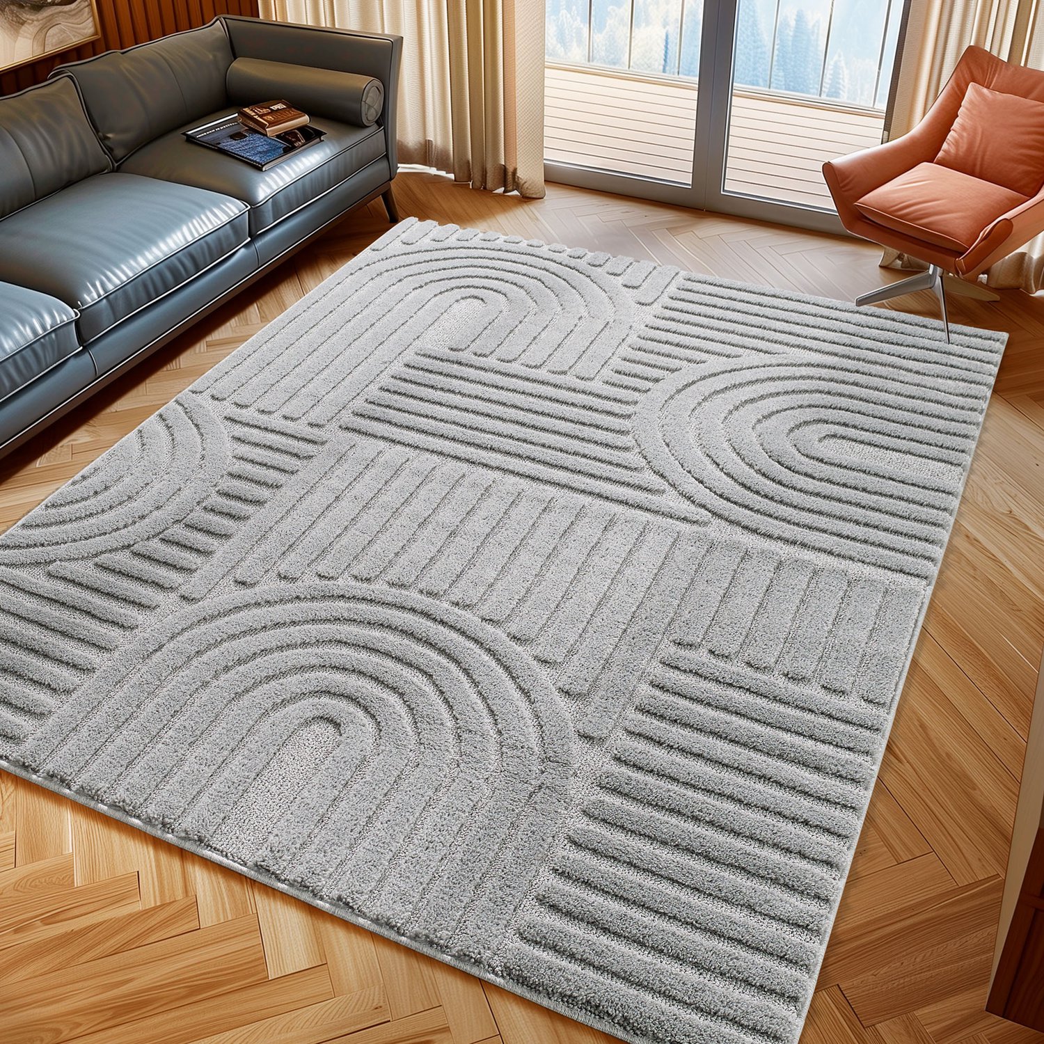 Moonay Kiyaro Lino Vloerkleed Grijs 160 cm rond - Japandi Scandinavisch - Geometrisch 3D Reliëf - Hoog- en Laagpolig