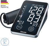 Beurer bloeddrukmeter met XL touch display en "German Engineering" logo. Toont bloeddrukwaarden en hartslag. Touch sensor icoon.