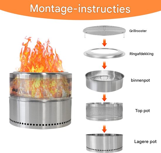 Montage-instructies voor een zilverkleurige vuurkorf met brandend hout, met grillrooster, ringafdekking, binnenpot, top pot en lagere pot.
