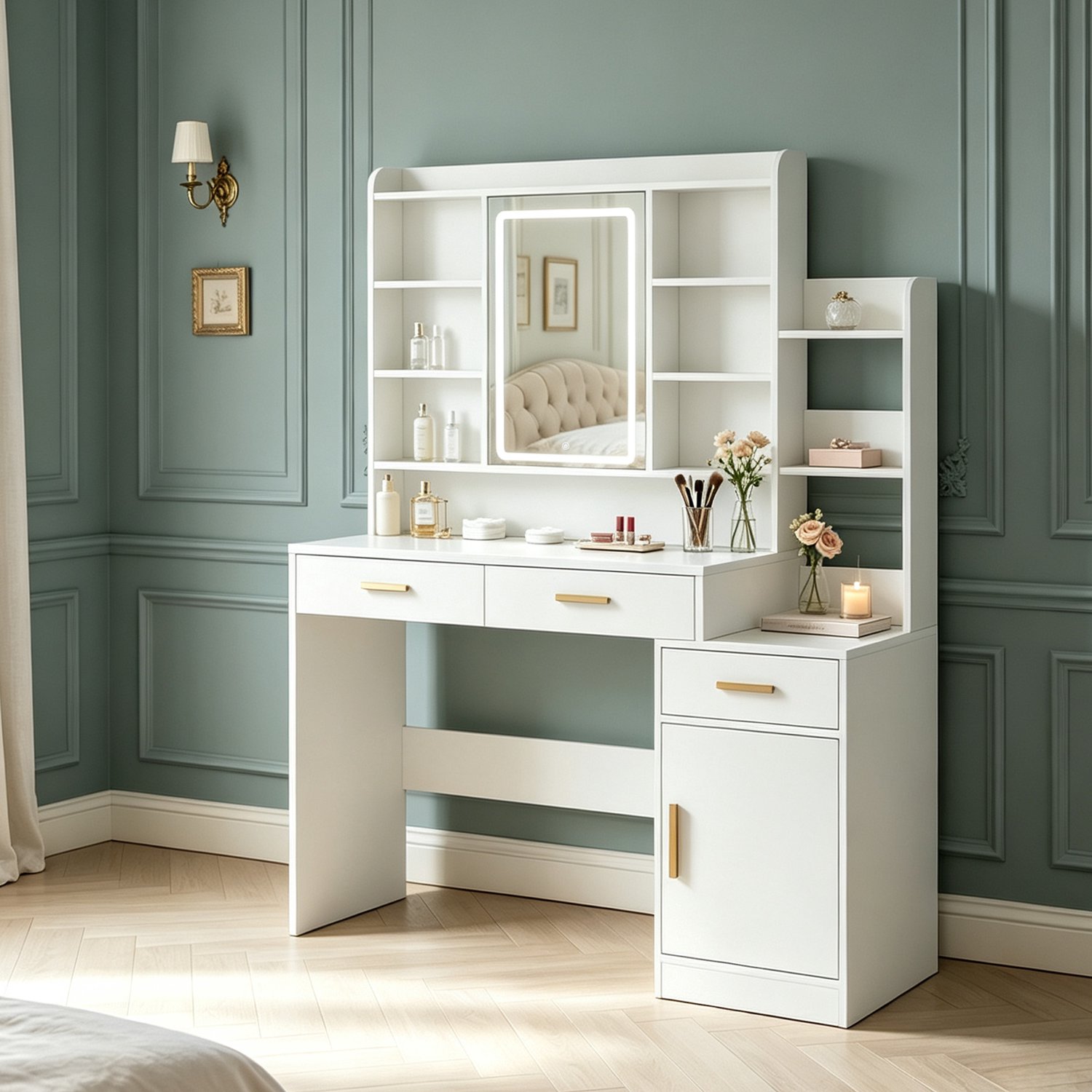 Hzuaneri Kaptafel -LED-spiegel met 3 Standen - Ruim Tafelblad - Meerdere Lades - Staande Opbergkast - Wit - Make-uptafel voor Slaapkamer en Kleedkamer,39.2x 129.2x 148.2 cm,Wit