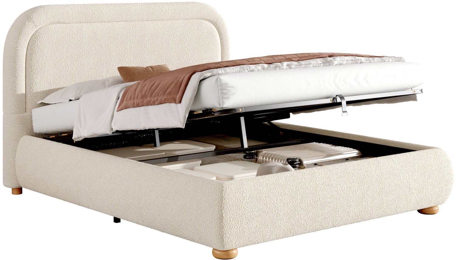 Merax Gestoffeerd Bed 140 x 190 cm - Tweepersoonsbed Met Opbergruimte - Houten Lattenbodem - Zacht Bekleed Hoofdbord - Beige