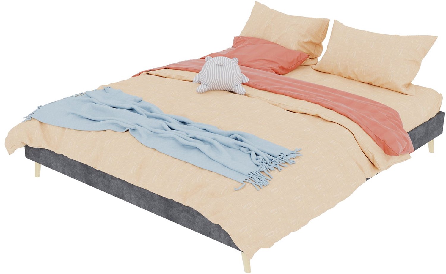 Merax Gestoffeerd Bed 160 x 200 cm - Fluweel Grijs - Houten Lattenbodem - Laag Bedframe - Tweepersoonsbed Zonder Hoofdbord