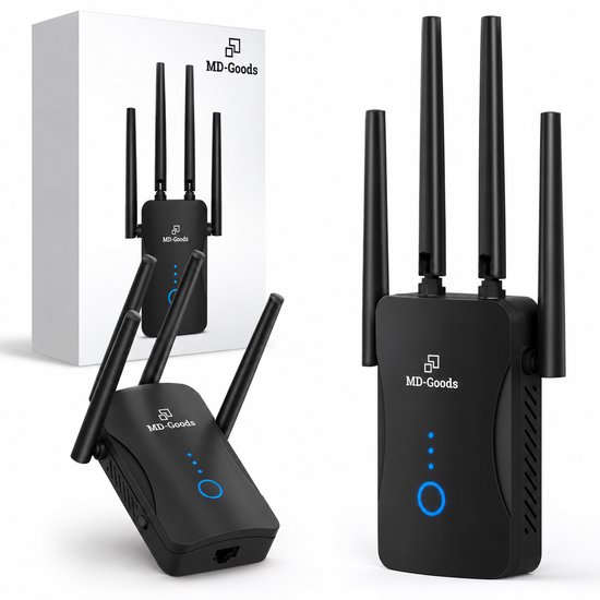 Drie zwarte wifi-versterkers met vier antennes, getoond voor en naast de verpakking.