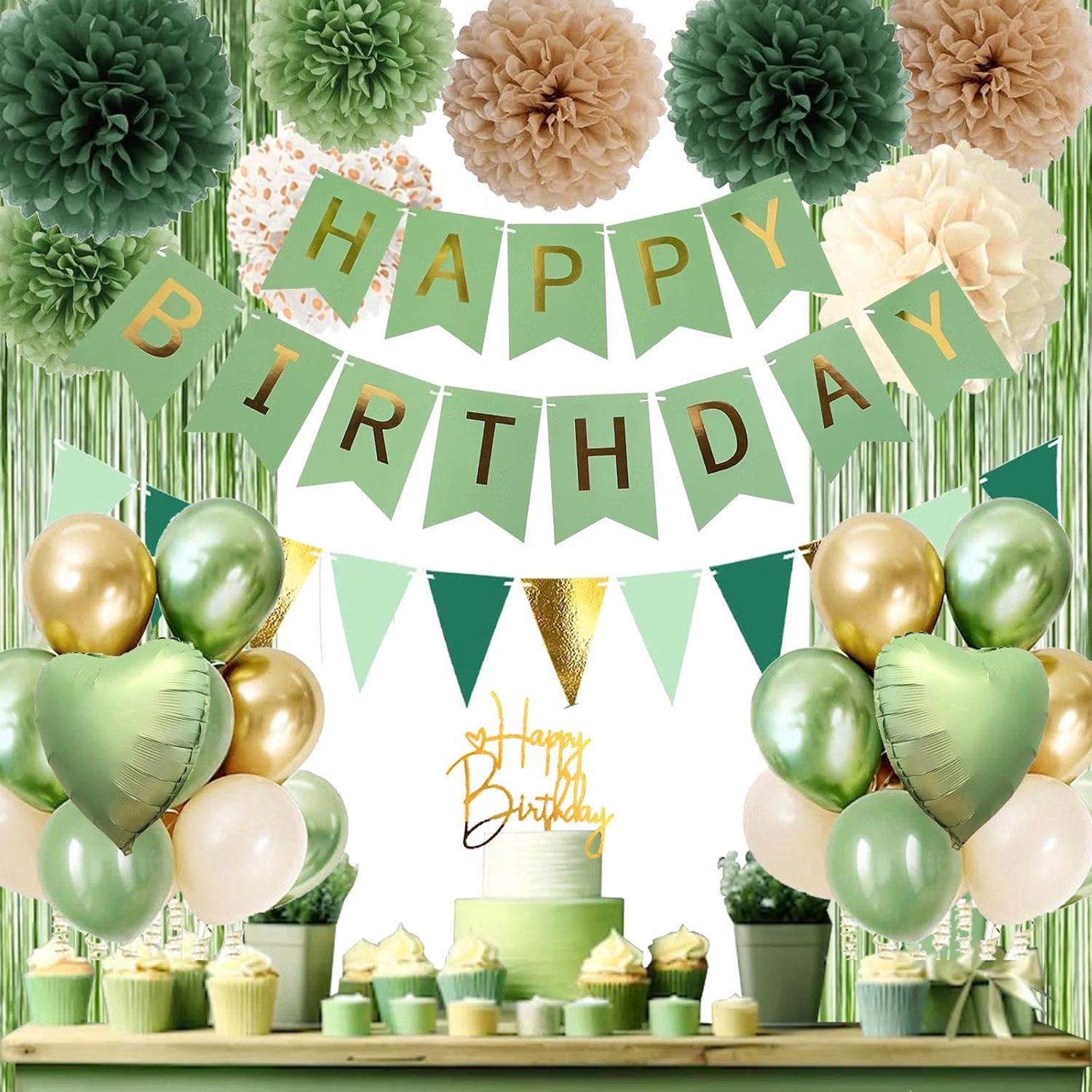 DOWO® Saliegroene Verjaardagsdecoratie met Ballonnen, Pompons, Slingers en Franjegordijn – Feestdecoratie – Happy Birthday – Complete Ballonnenset