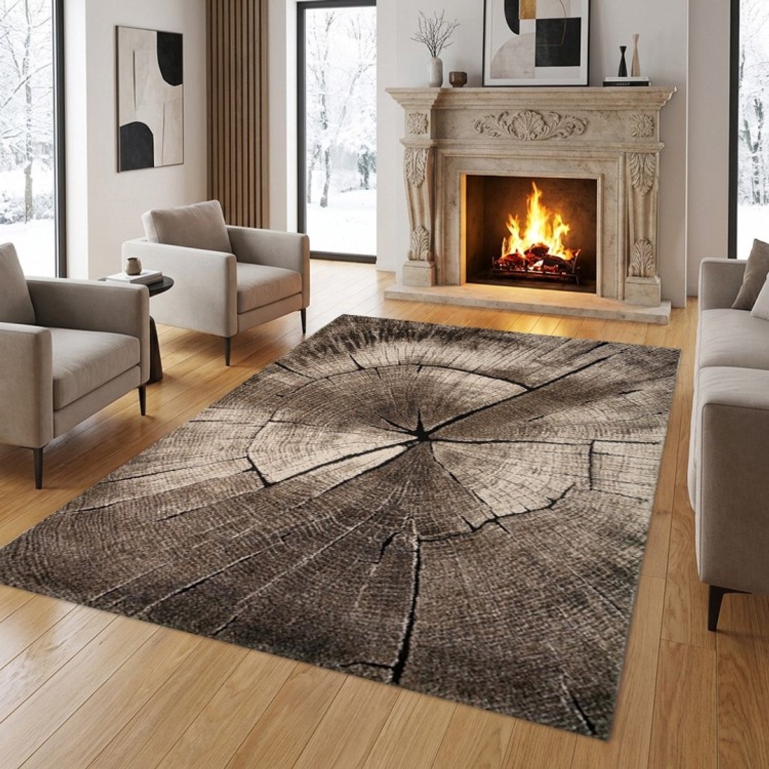 TapisTrend Designer tapijt Naturel 80x150 cm Modern, natuurlijk vloerkleed met boomstam- en houtnerfpatroon voor de woonkamer, slaapkamer en eetkamer