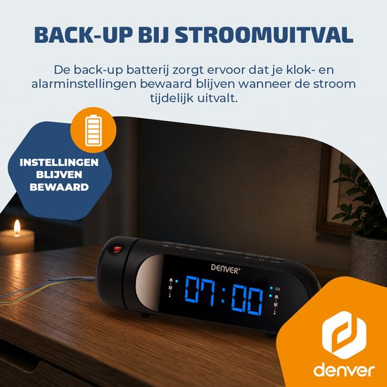 Denver Wekkerradio met Projectie - Opladen via USB - Digitale Wekker - FM Radio - Dubbel Alarm - CPR700 - Zwart — cadeau in Elektronica - foto 7