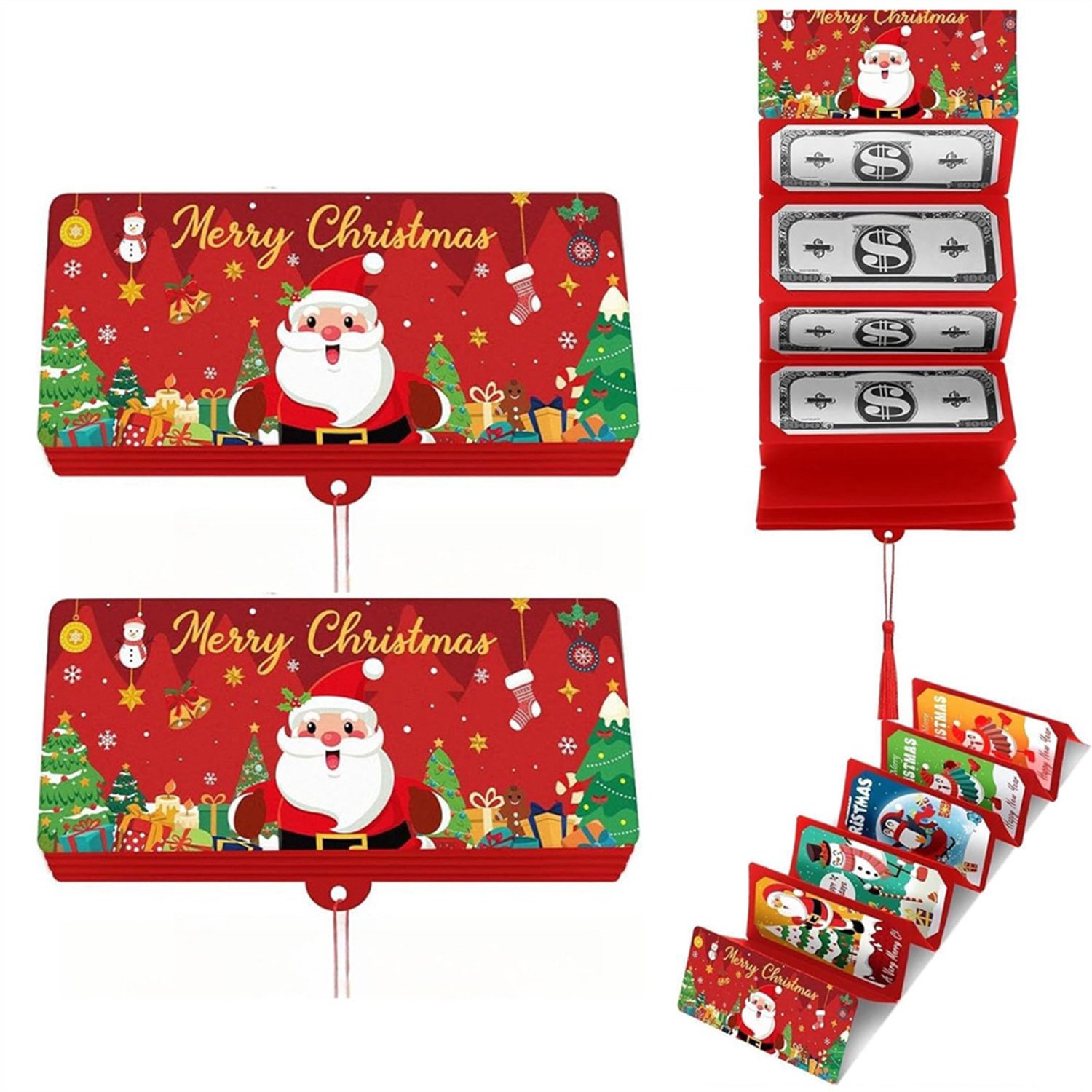 2 stuks Kerstgeld cadeau envelop, kerst verrassingsgeldhouder met 10 compartimenten, Kerstman geldclip, doe-het-zelf kerstcadeaus met contant geld voor familie en vrienden - Rood