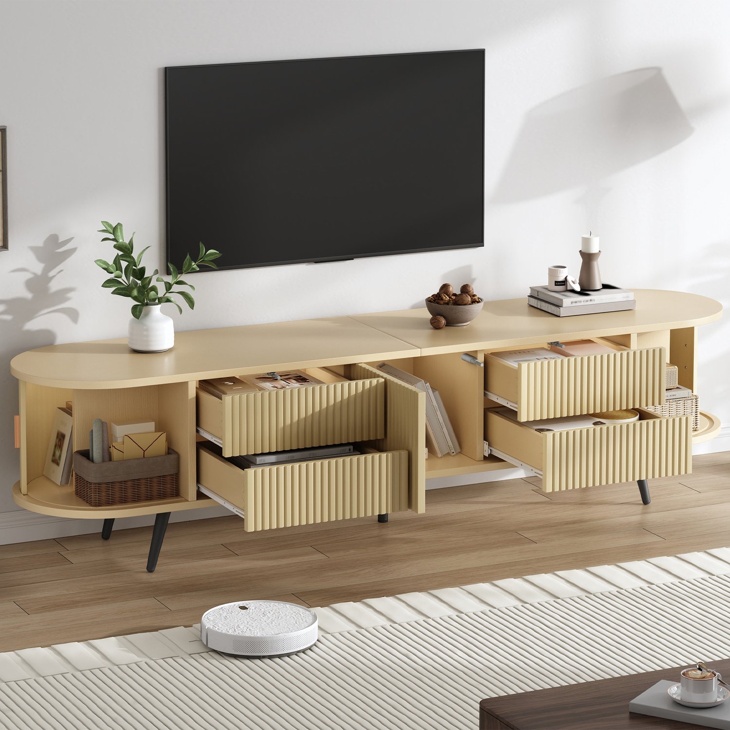 Merax Tv meubel-standaard 180×40×45 cm - hout - 4 lades - 1 kast - rolluikdeur Natuurlijk