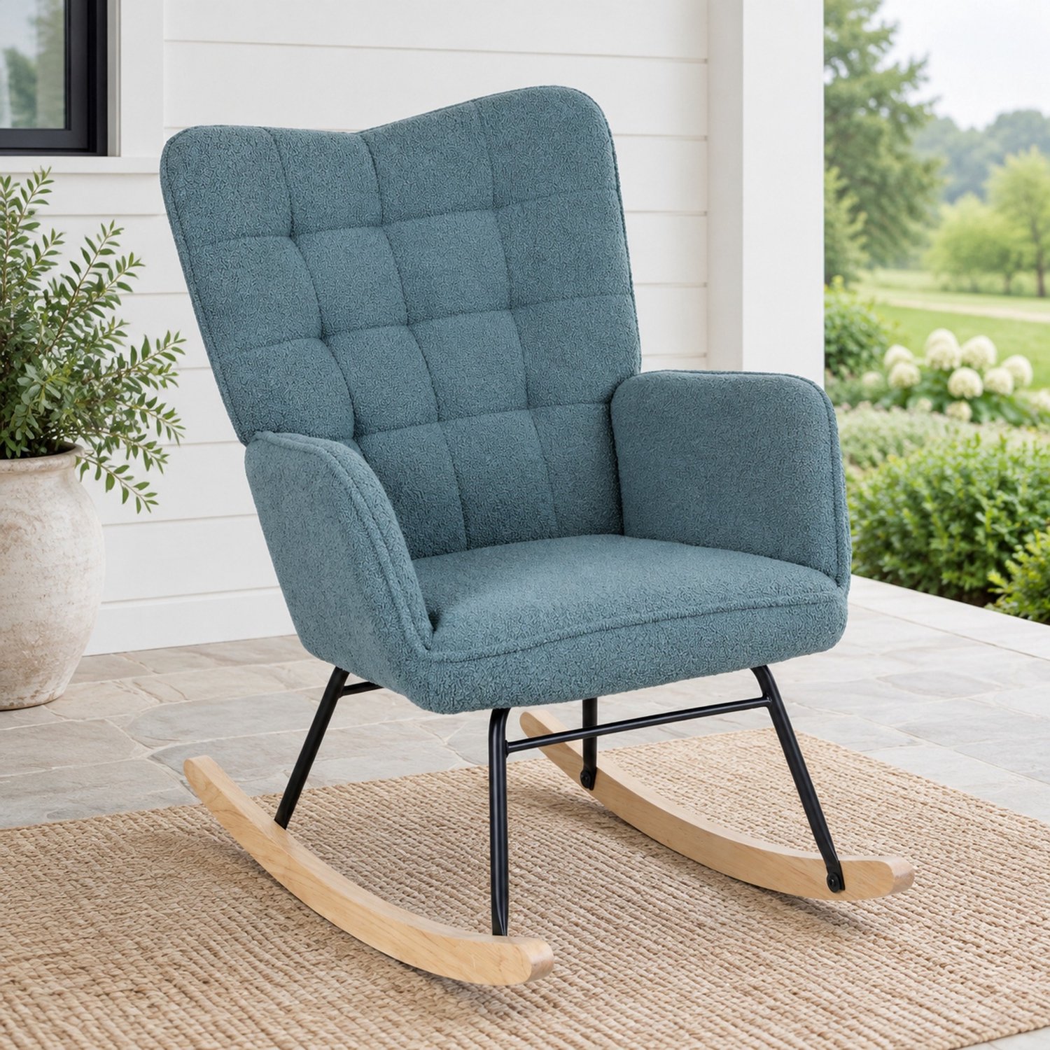 DESMIU Schommelstoel 71 x 98 x 101 cm - Gepolsterd Met Armleuningen - Voor Woonkamer En Slaapkamer - Polyester En Hout Lichtblauw