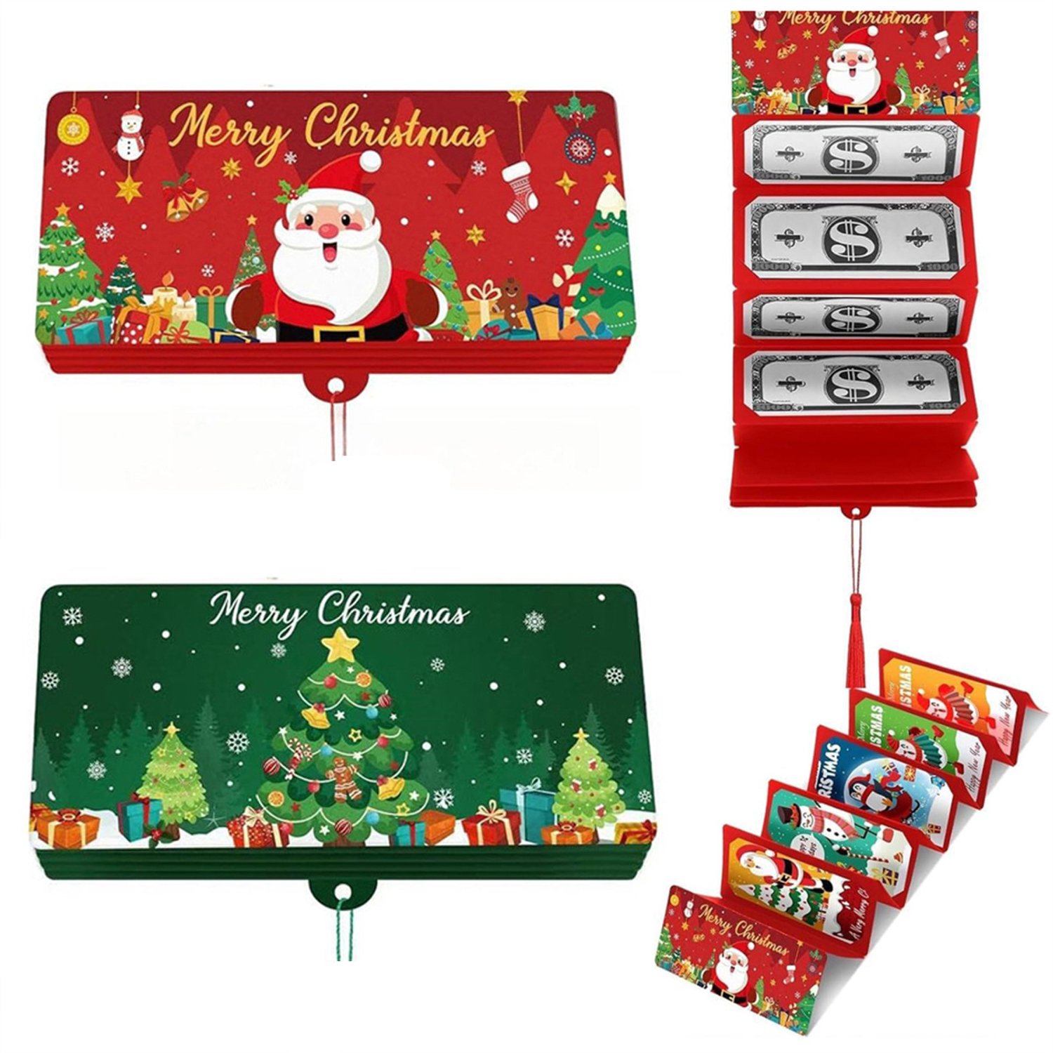 2 stuks Kerstgeld cadeau envelop, kerst verrassingsgeldhouder met 10 compartimenten, Kerstman geldclip, doe-het-zelf kerstcadeaus met contant geld voor familie en vrienden - Rood + Groen