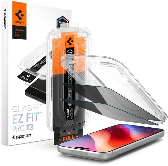 Spigen Glas.tR EZ Fit Pro HD screenprotector met installatieframe en een iPhone 14 Pro Max.