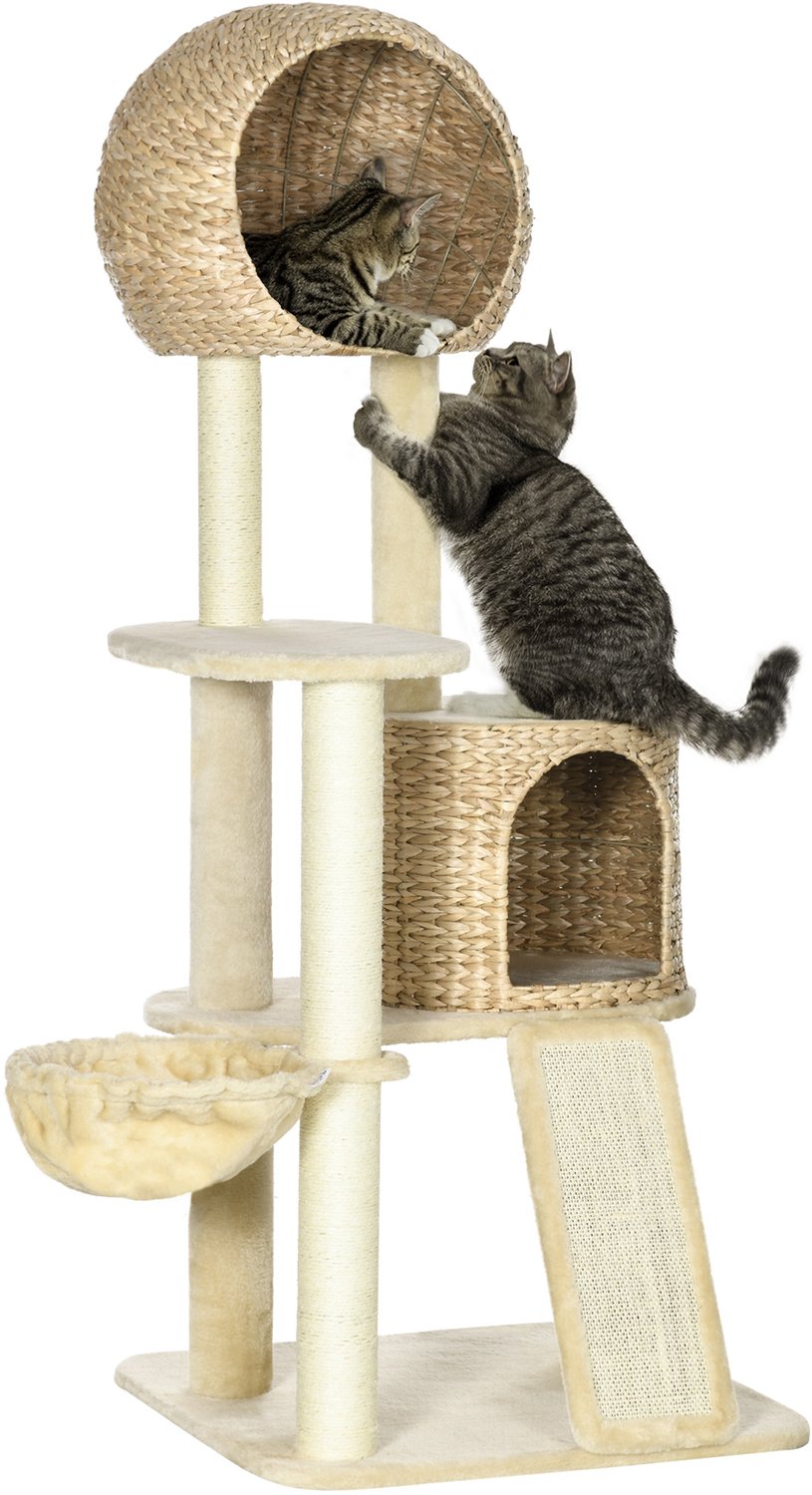 Pawona Krabpaal - Met kattenhuis, hangmat, platforms en krabmat - 60 x 60 x 150 cm - Beige