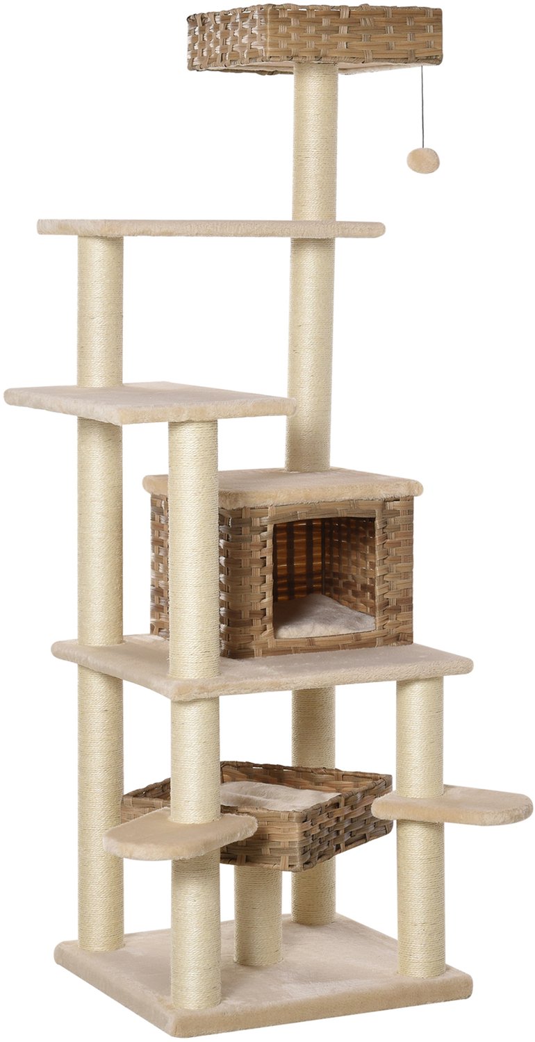 Pawona Krabpaal met kattenhuis van PE-rotan - Met sisal en pluche - 55 x 55 x 174 cm - Beige/Bruin