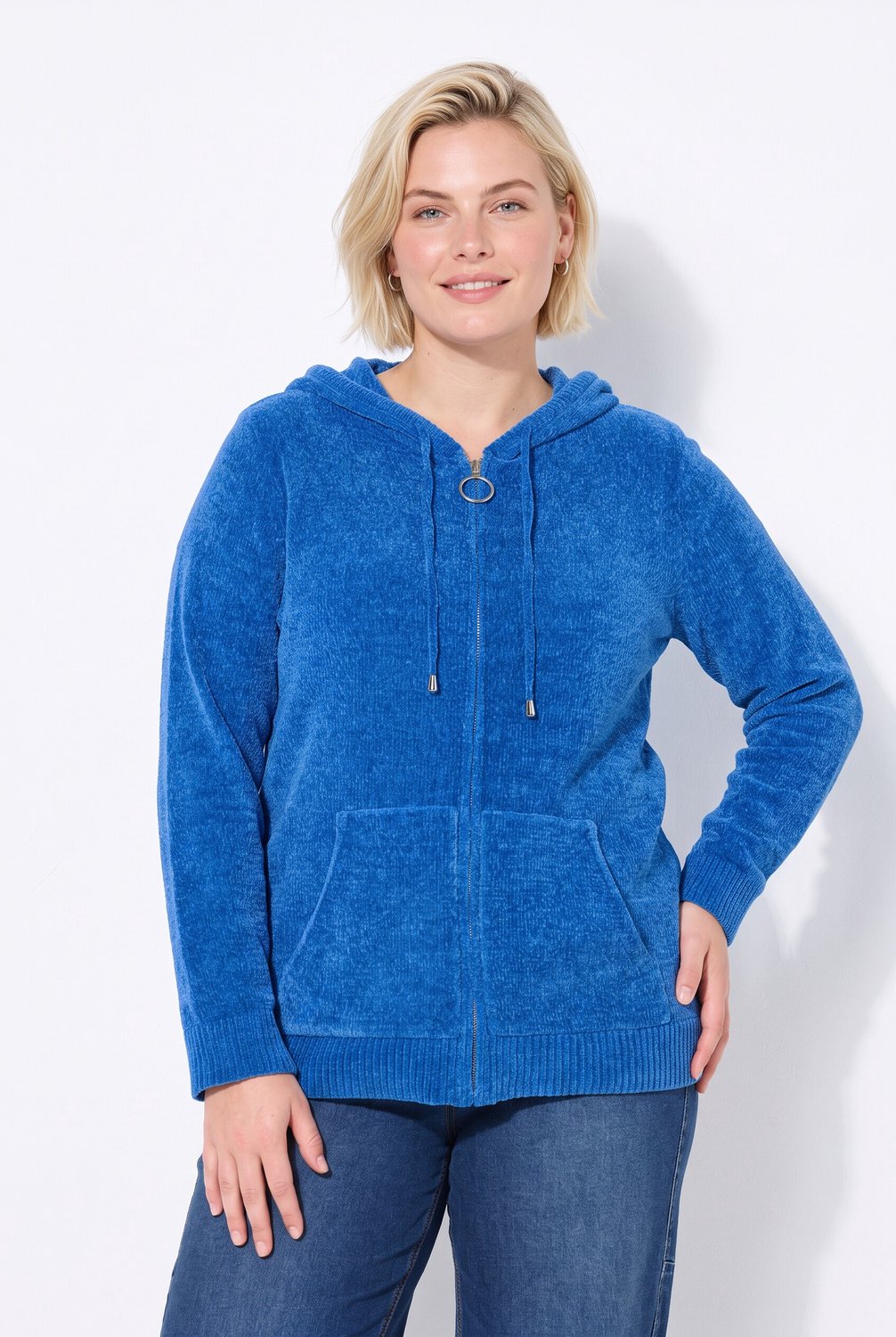 Ulla Popken - Dames - Vest chenille capuchon lange mouwen - Pauwenblauw - Maat 58+