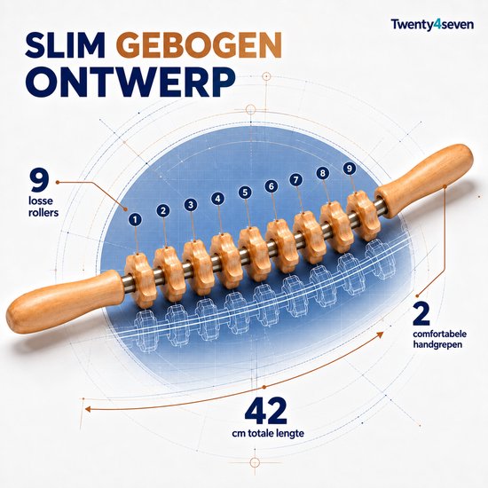 Houten massage roller met 9 losse rollers, 2 comfortabele handgrepen, 42cm lang. Slim gebogen ontwerp.