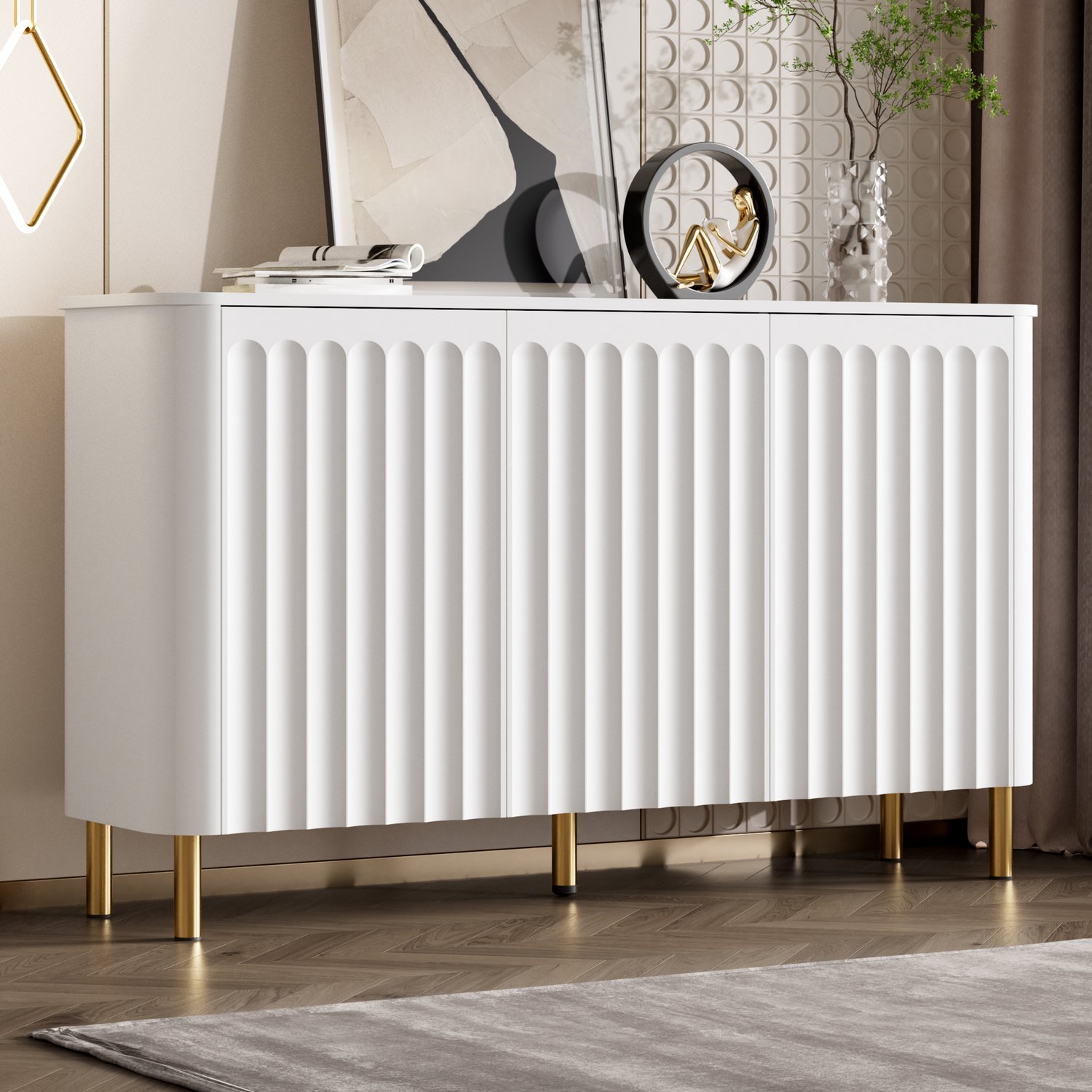 MODENUIT Dressoir - 3 Greeploze Deuren - Voor Woonkamer en Hal - MDF Metaal - 135x36x78 Cm - Wit