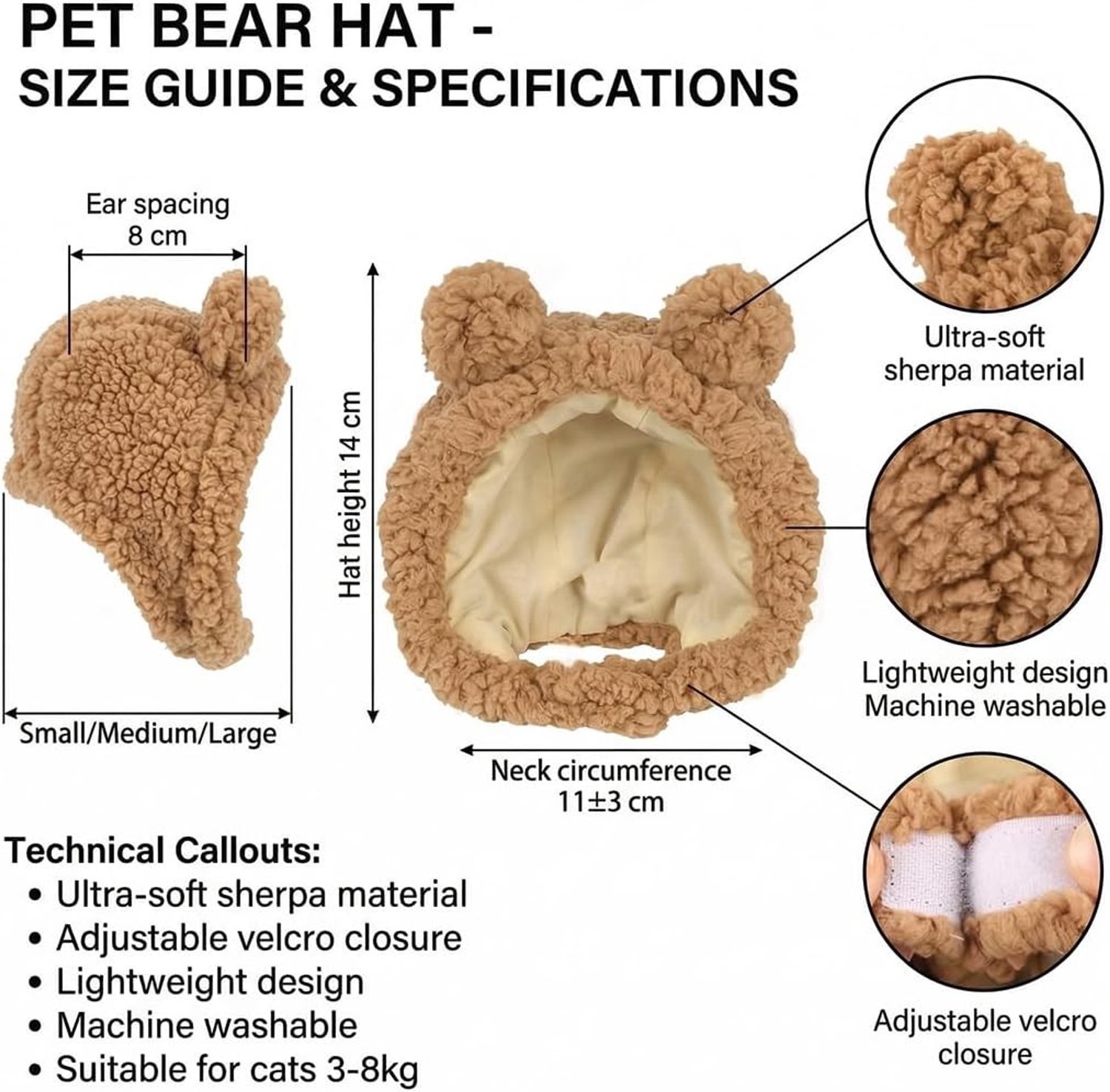Luxe Winter Hoed voor Katten en Honden, 2-delige Set, Verstelbare Pluche Hoed, Schattige Kostuumaccessoires voor Huisdieren (Bruin en Wit)