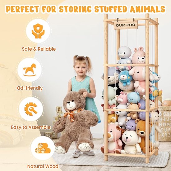3-Laags Houten Knuffelopberger - Knuffel Dierentuin Opbergrek met Elastische Touwen - Speelgoed Organizer Kinderkamer - Natuurlijk Hout — afbeelding 3