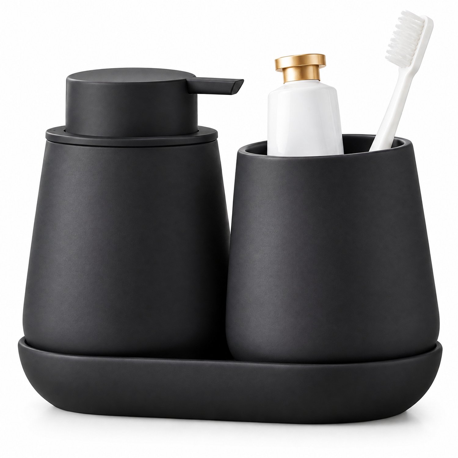 Yelenaro Badkamer Accessoires Set, 3-Delig, Mat Zwart Keramiek Badkamer Organizer, Inclusief Schuimzeepdispenser, Tandenborstelhouder & Zeepschaal, voor Wastafel en Badkamer