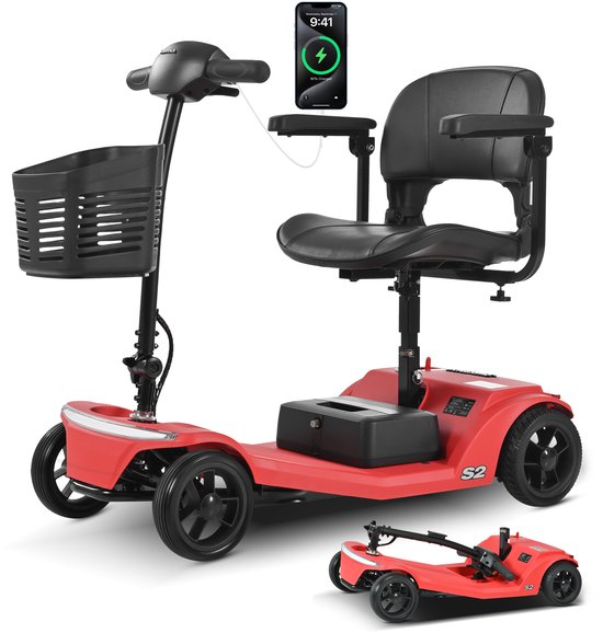Rode Sweetrich S2 scootmobiel met zwarte mand, zitting en wielen. Telefoon laadt op via de scootmobiel.