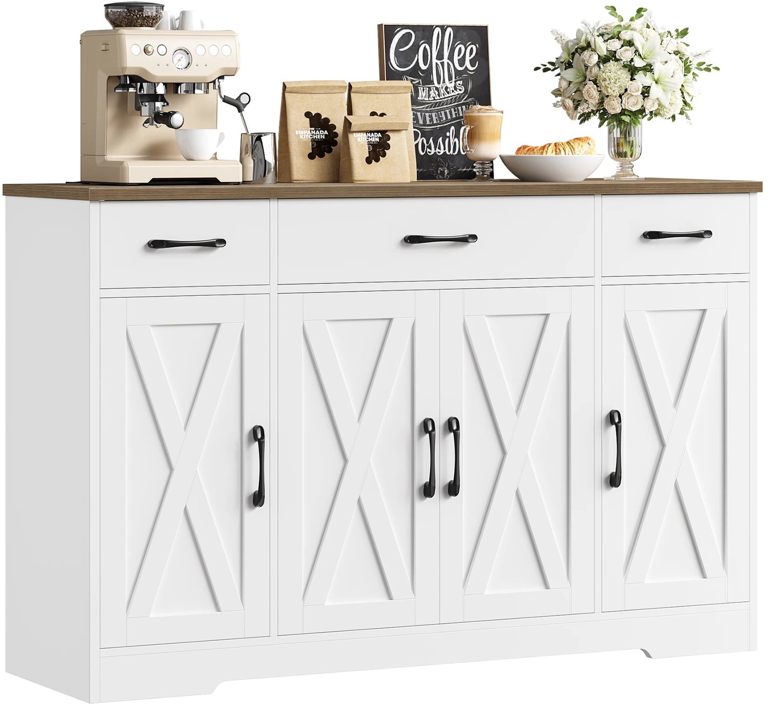 Homezo dressoir - Stijlvolle witte opbergkast - Modern - Landelijk - Keuken/Woonkamer/Hal - Veel opbergruimte - 140 x 38,6 cm
