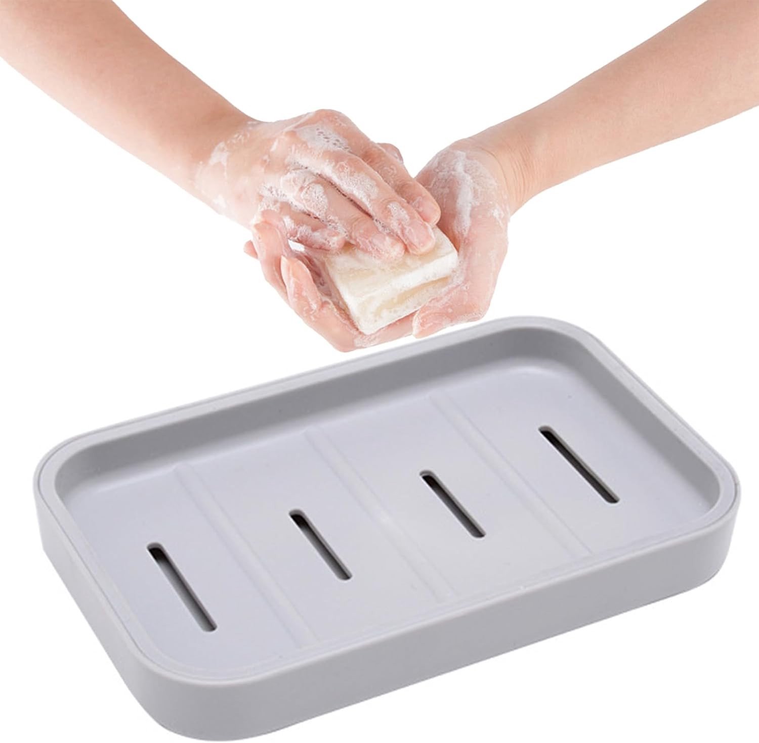 Kleine zeepdispenser met afvoergleuf, plastic met deksel, ideaal voor zeep en sponzen, grijs