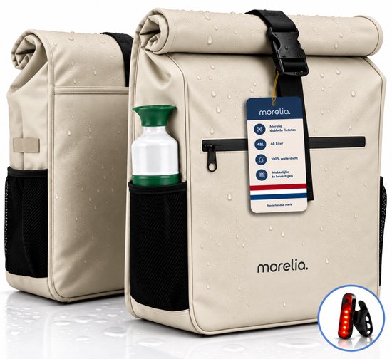 Sacoche de vélo double beige, 48 litres, 100% étanche. Comprend un feu arrière réfléchissant et un porte-bouteille. Marque néerlandaise.