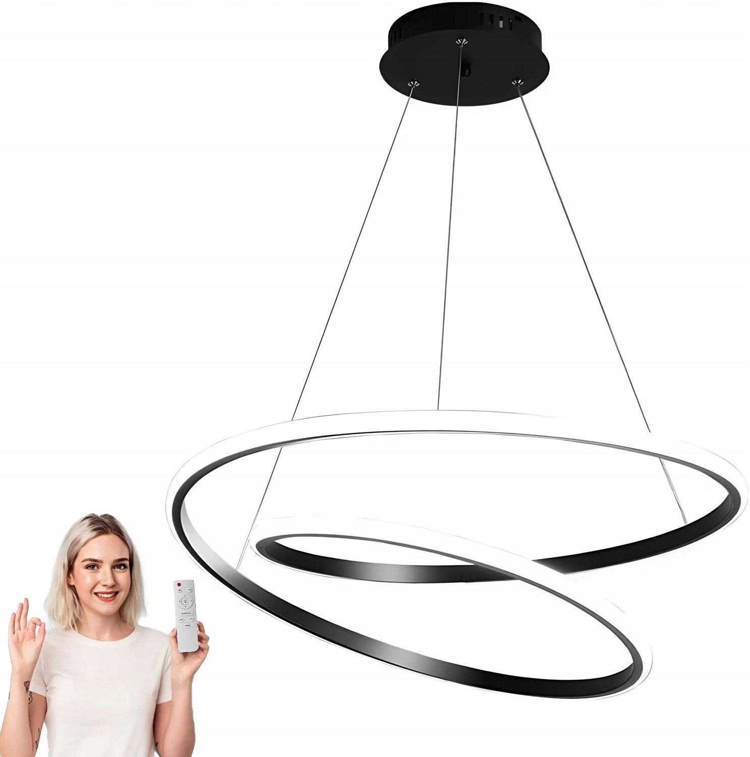 Moderne Zwarte LED Hanglamp 2 Ringen 60cm met Afstandsbediening