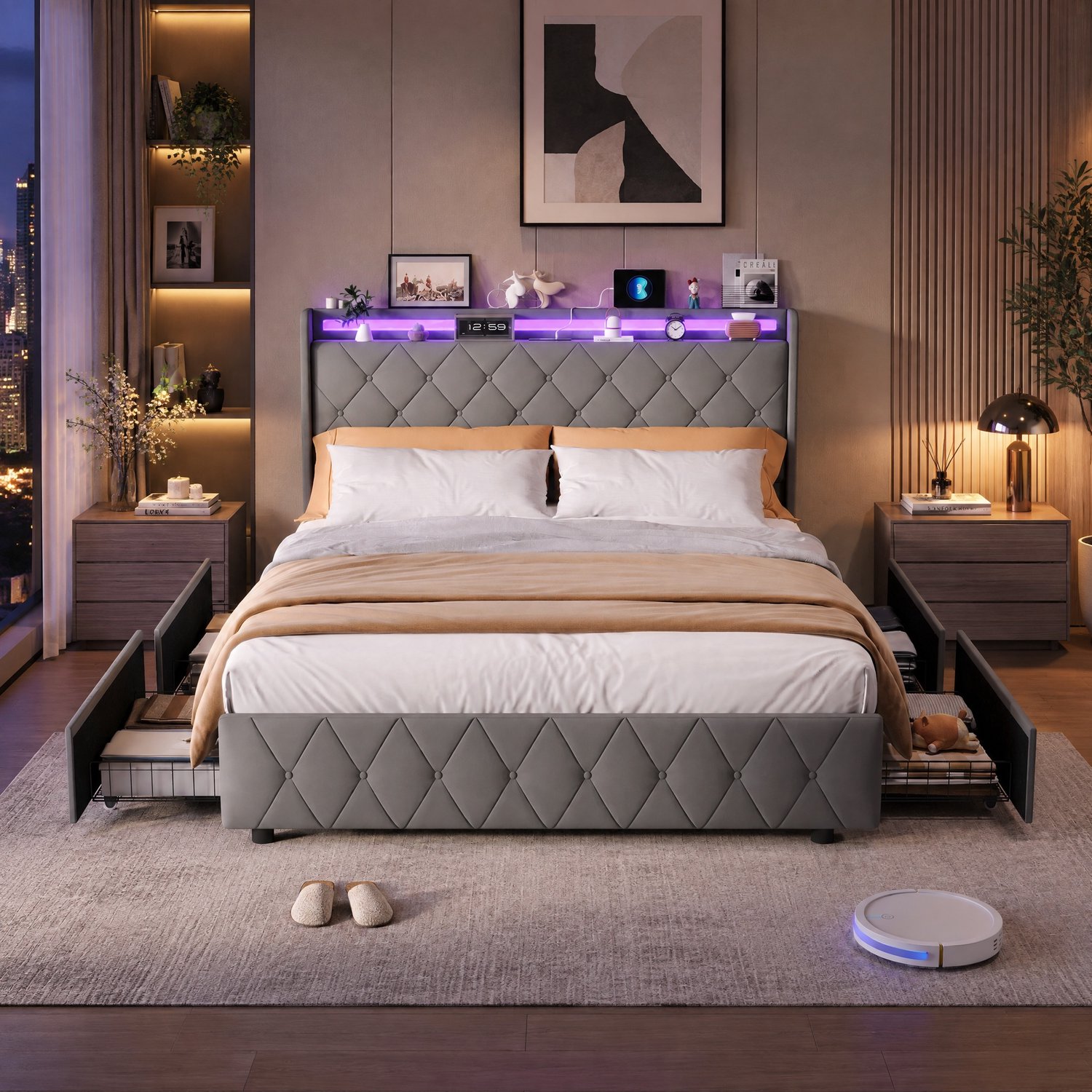 MEXUS Tweepersoonsbed 140x200cm, met 4 lades, LED-verlichting, USB-Oplader, Opbergbed, bedframe voor volwassenen met opbergruimte, lattenbodem, Fluweel Grijs