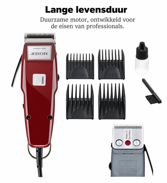 Bordeauxrode Moser 1400 tondeuse met 4 opzetkammen (Nr 1-4), olie, borstel en gedetailleerde scheerkop.