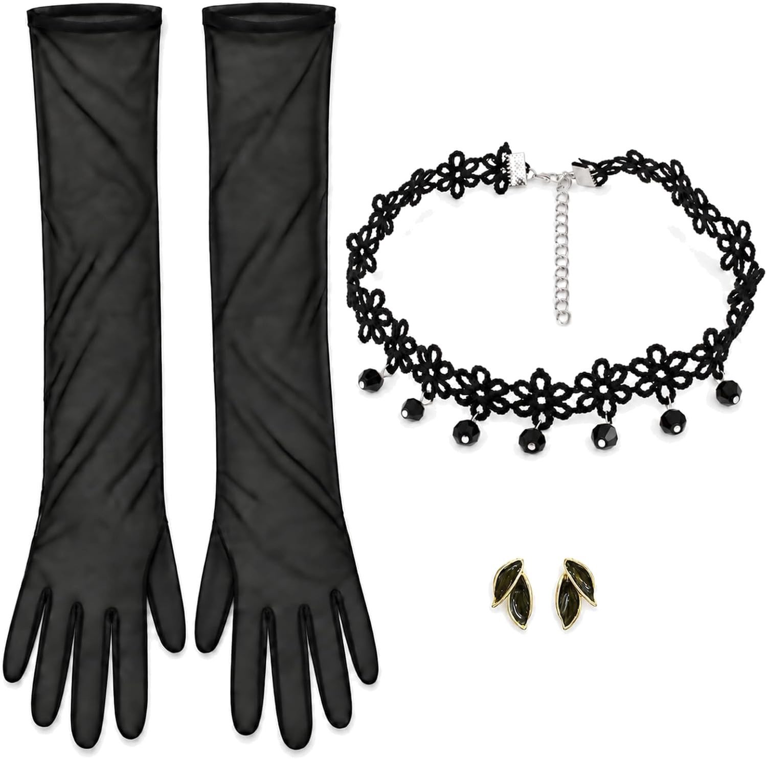 Elegante dansoutfit met lange zwarte tule handschoenen, oorbellen en ketting voor theater- en dansvoorstellingen