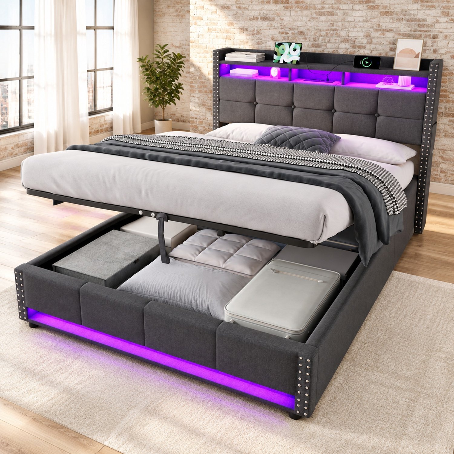 MIVRAY 140 x 200 cm Bed – LED-Verlichting En Oplaadfunctie – Linnen – Donkergrijs – Met Opbergruimte In Het Hoofdbord – Gestoffeerd