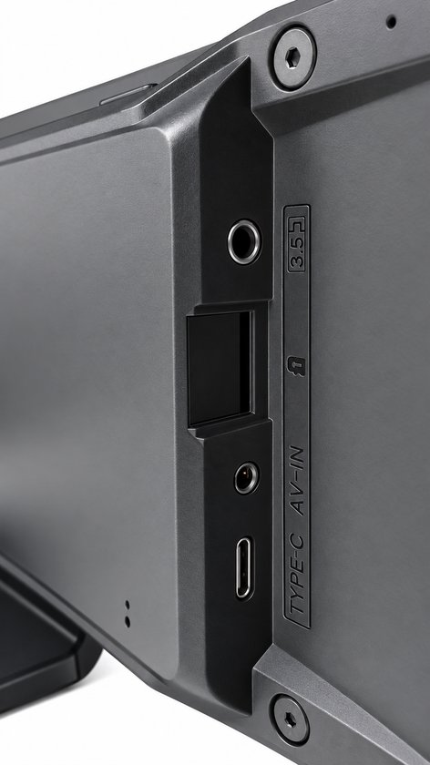 Zijaanzicht van AutoSky display met poorten voor 3.5mm audio, AV-IN en Type-C aansluiting.