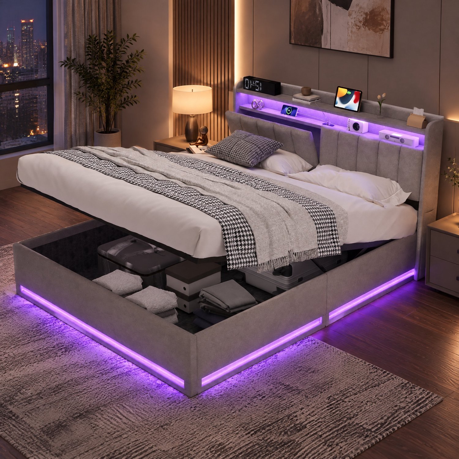 MEXUS Opbergbed 140x200 cm met LED-verlichting en USB-aansluiting, Tweepersoonsbed met opbergruimte en hoofdbord, Gestoffeerd bed met lattenbodem, bedframe 140x200 voor 2 personen, fluweel, Grijs