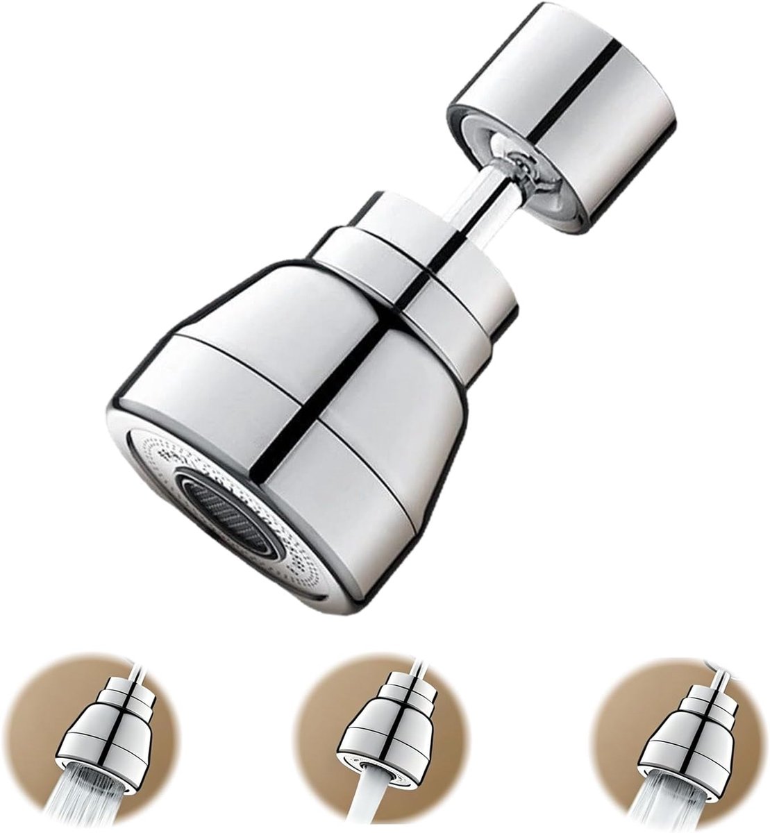 Kraanopzetstuk met 3 straalsoorten, kraanzeef 360° draaibaar en 35° kantelbaar, 5 adapters, 24 mm buiten- en 22 mm binnendraad, draaibare kraanbeluchter voor keukenkranen, zilver