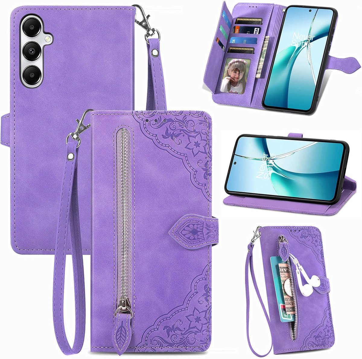 Hoesje voor Samsung Galaxy A17 5G / A16 / A26, lederen portemonnee flip boekhoes met kaarthouder, standaard en handband Mooie bloem schokbestendige beschermhoes, paars