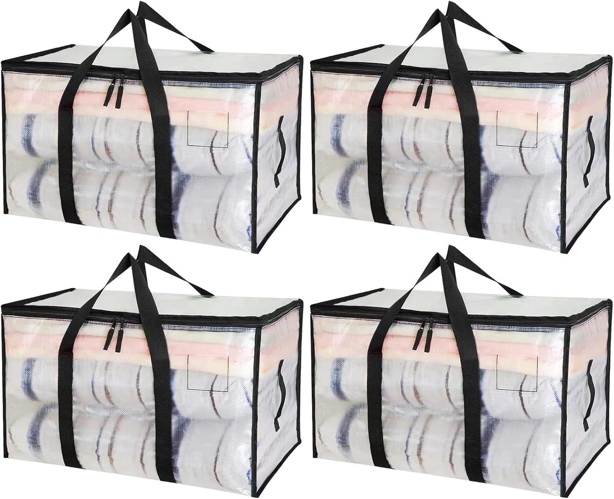 Opbergtas met deksel, transparante verhuiszakken met ritssluiting, handgreep, kledingopslag, verhuisdozen, draagtas voor verhuizing, 4 stuks