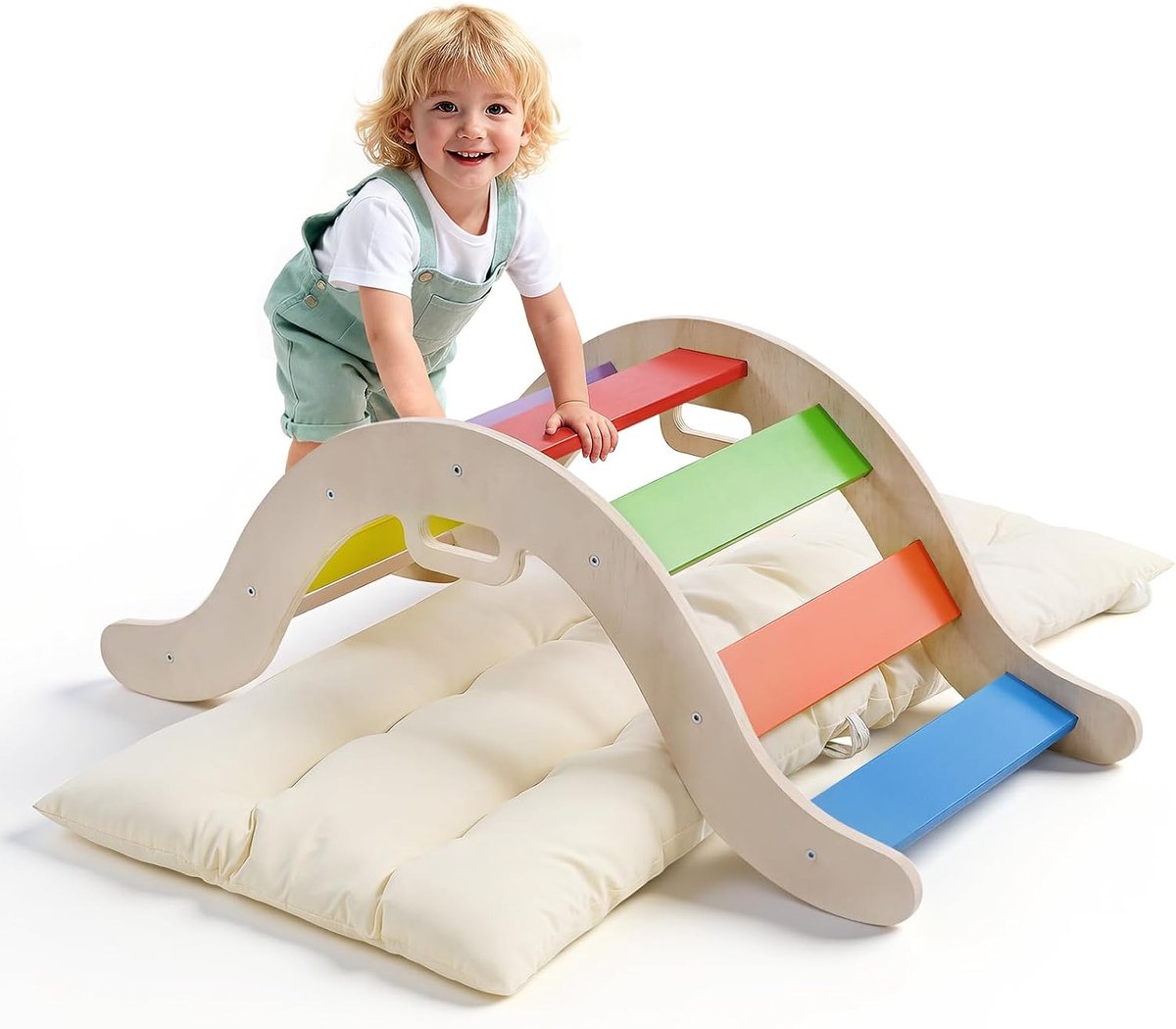 Klimspeelgoed voor peuters, klimladders van hout voor kinderen, opvouwbaar klimrek voor kinderen, Montessori-speeluitrusting voor peuters (regenboogkleuren-2 in 1)