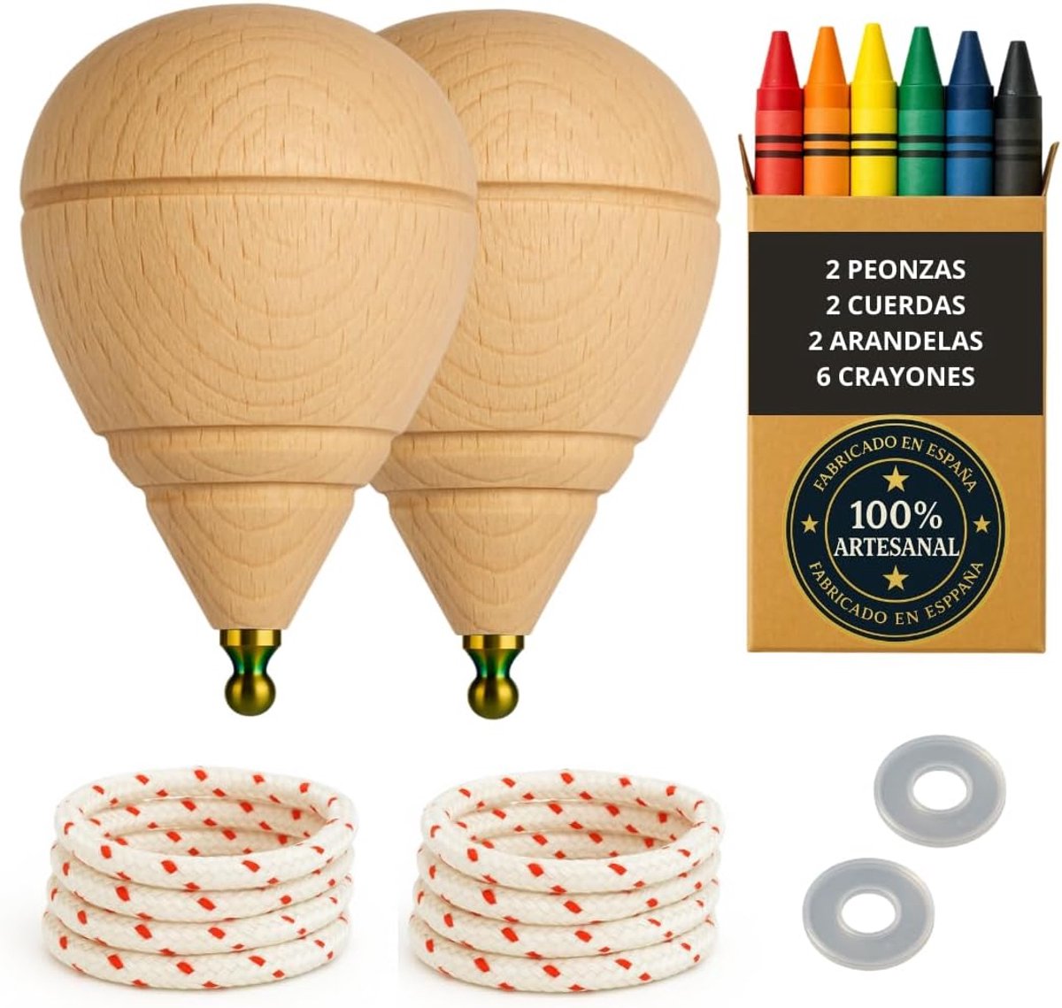 Tol van hout voor kinderen, set met 2 trompo's + 6 wax + 2 sluitringen
