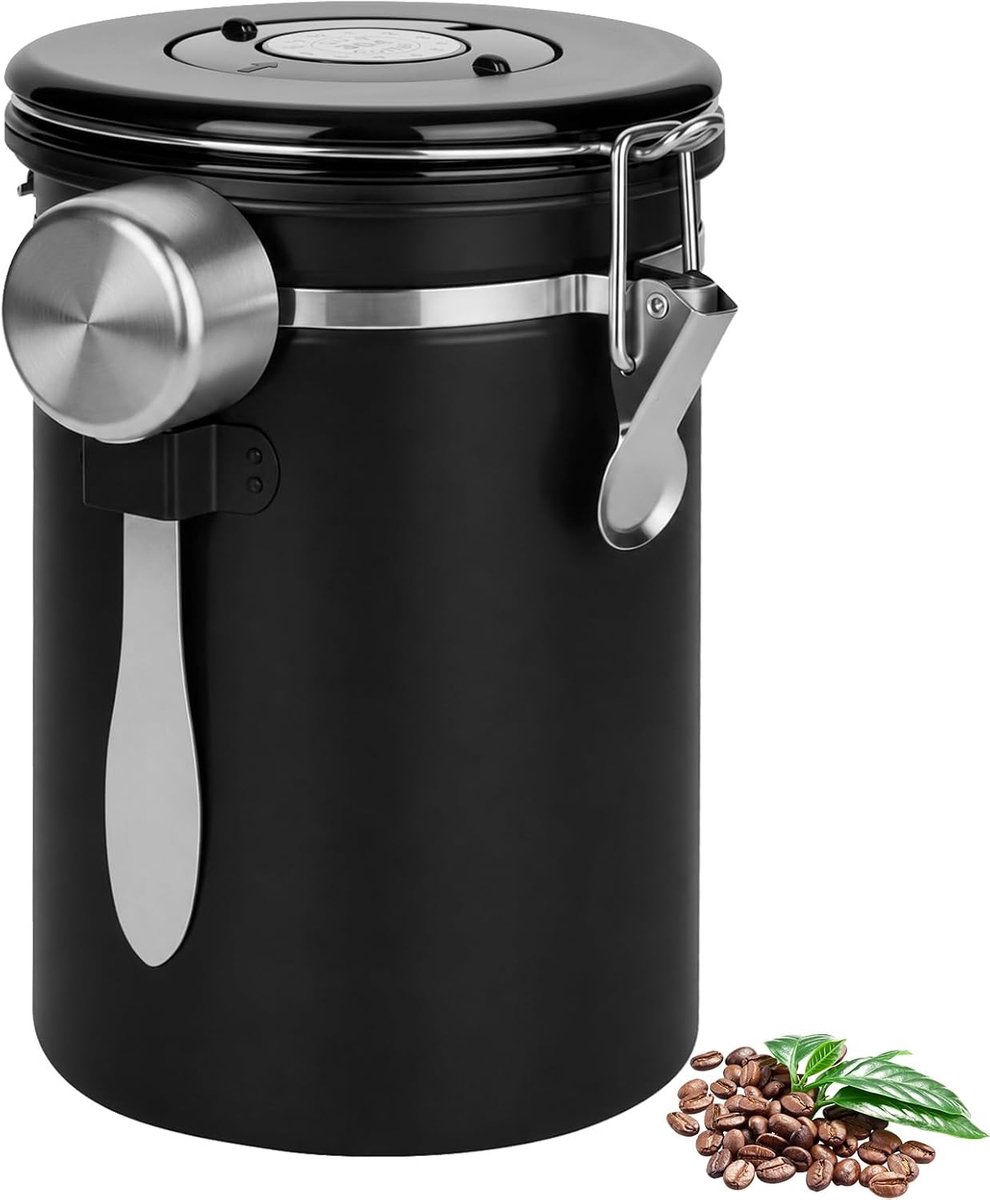 Koffieblik luchtdicht met deksel, 1,8 l, koffiebonencontainer van roestvrij staal met uitlaatventiel, maatlepel en datumweergave, koffiebonen, opslag voor bonen, thee, meel (zwart)